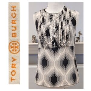 Tory Burch Gray & White Geometric 100% Silk Ruffle Blouse